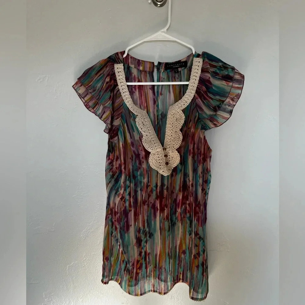 Sheer Flutter Sleeve Crochet Neckline Tie Dye Bohemian Sanctuary Blouse - Size S